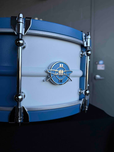 ~NEW!~ Dunnett Carbon Steel Model 2N Beaded Shell/Hybrid Edges 6.5x14 Snare Drum in Satin Blue with Satin White Front Panel, Satin Blue Concave Badge & Matching CR Hoops