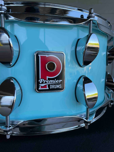 ~NEW~ Premier Elite Maple/Birch Hybrid 6.5x14 Snare Drum in Baby Blue Lacquer