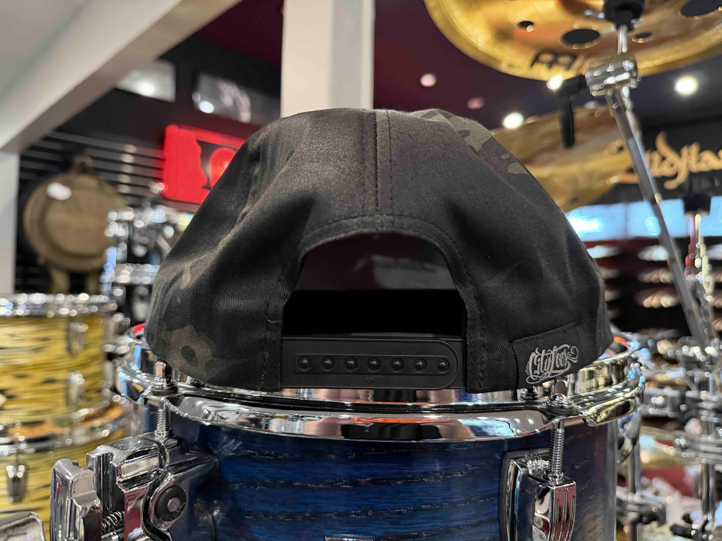 ~NEW~ Bentley's Drum Shop Clothback Snapback Hat in Black Camo with Custom License Plate Badge