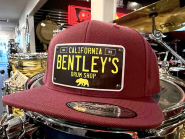 ~NEW~ Bentley's Drum Shop Clothback Snapback Hat in Burgundy with Custom License Plate Badge