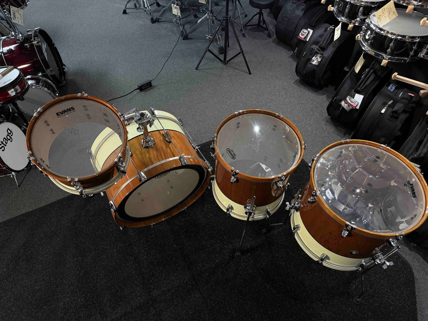 ~BENTLEY'S EXCLUSIVE~ Dixon Little Roomer Select 4-Piece 12/14/16/20 Drum Kit Set in Natural Mahogany to Pearl White with Black Pinstripe