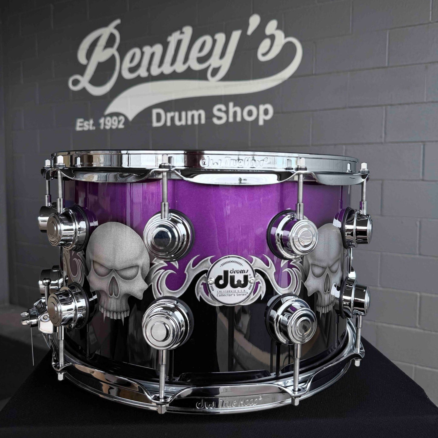 ~NEW~ DW Collector's Series 333 Pure Maple 8x14 Snare Drum in Exotic Sawblades & Skulls Graphics w/ Chrome Hardware
