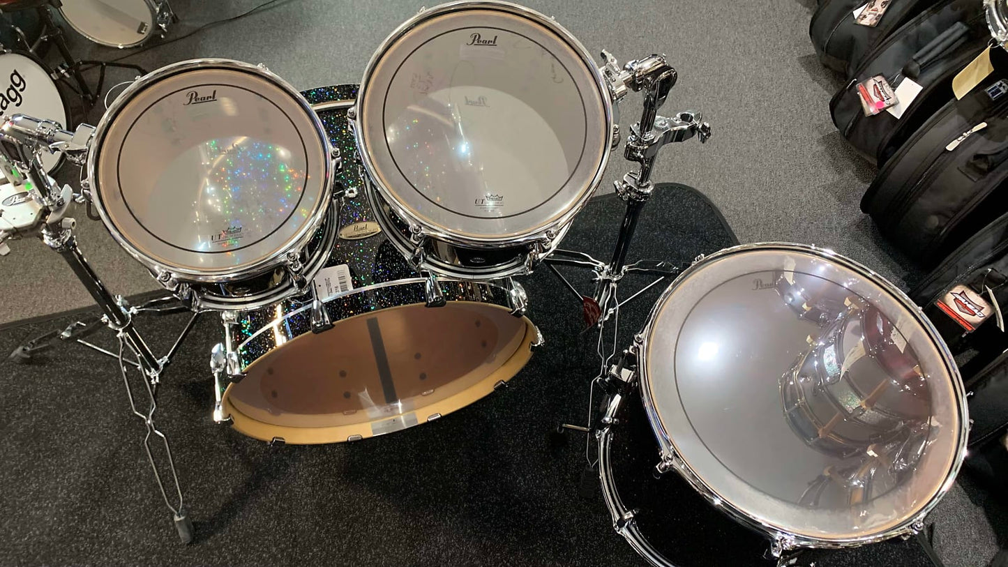 ~NEW~ Pearl Session Studio Select Birch/Mahogany Hybrid 4-Piece 10/12/16/22 Drum Kit Set in Black Halo Glitter Lacquer