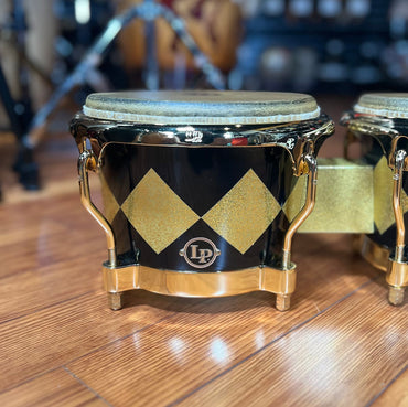*Bentley's Exclusive* LP Latin Percussion Fiberglass Patato Bongos in Black & Gold Diamond Sparkle w/ Gold Hardware