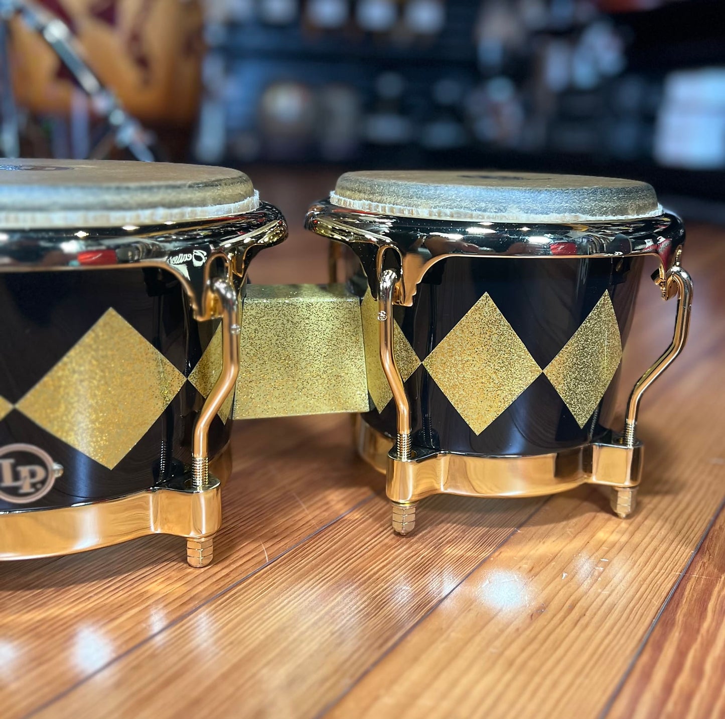 *Bentley's Exclusive* LP Latin Percussion Fiberglass Patato Bongos in Black & Gold Diamond Sparkle w/ Gold Hardware