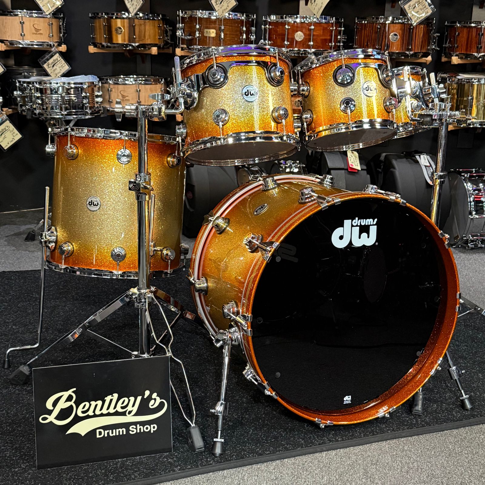 ~WOW!~ DW Collector's Series Pure Walnut 5-Piece 8/10/12/16/22 Drum Kit Set in Habanero Burst Glitz Lacquer with Chrome Hardware