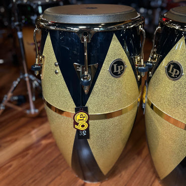 *Bentley's Exclusive* LP Latin Percussion Fiberglass Patato Conga & Tumba Duo Pair Set in Black & Gold Diamond Sparkle w/ Gold Hardware