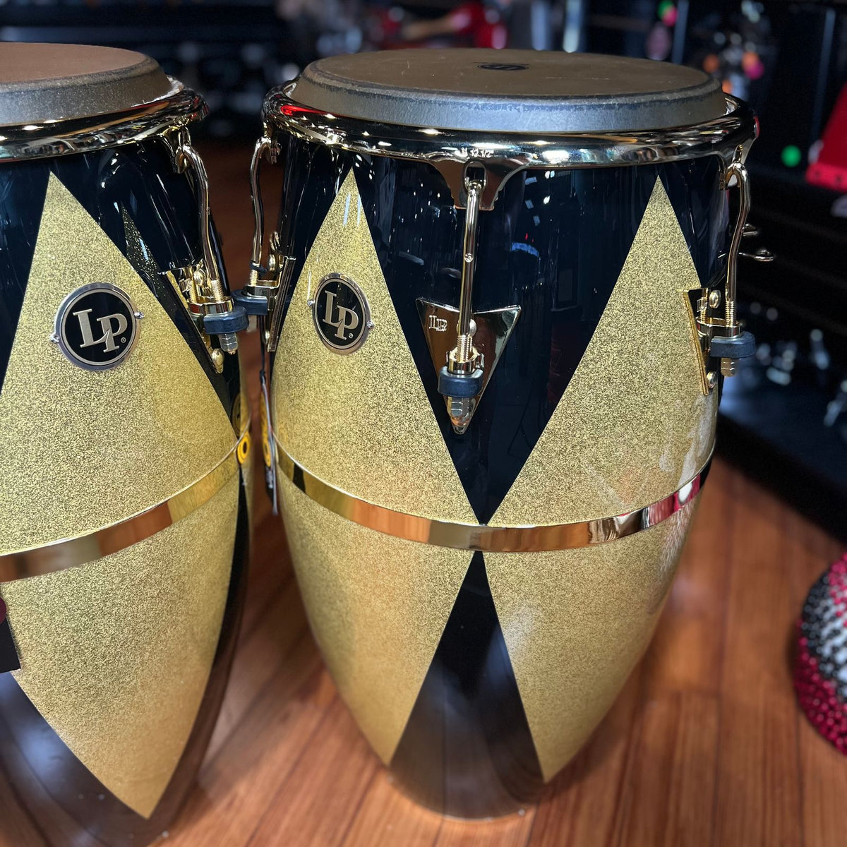 ~BENTLEY'S EXCLUSIVE!~ LP Latin Percussion Fiberglass Patato Quinto & Conga Duo Pair Set in Black & Gold Diamond Sparkle w/ Gold Hardware