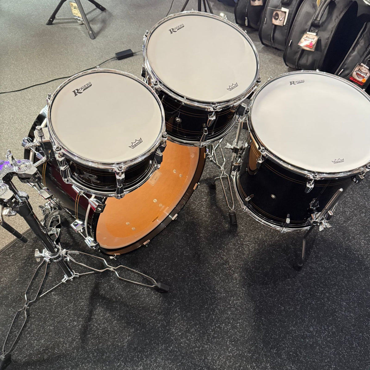 ~NEW!~ Rogers R-Series Maple 4-Piece 10/12/16/22 Drum Kit Set in Piano Black Gloss with Copper Pinstripe