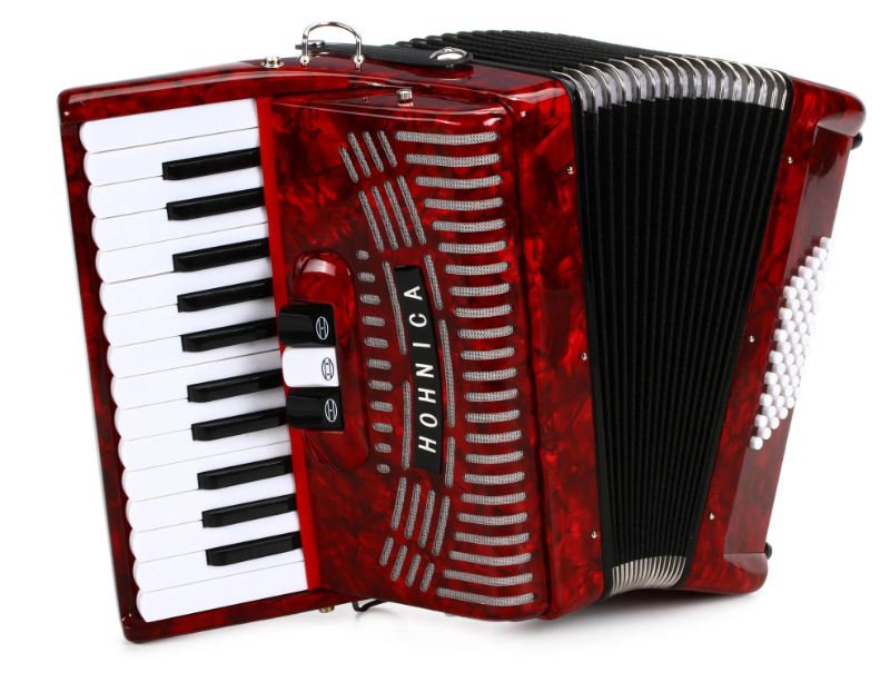 Acordeón de piano de nivel básico Hohner 1304-Red de 48 bajos con funda y correa en acabado rojo perlado