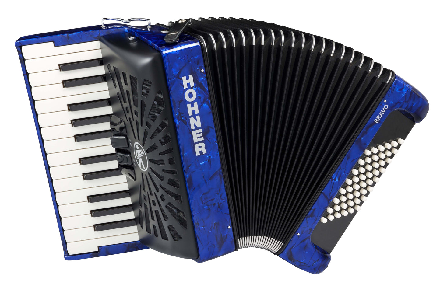 Acordeón de piano Hohner Bravo II 48 con funda y correas en azul oscuro perlado BR48BLUE