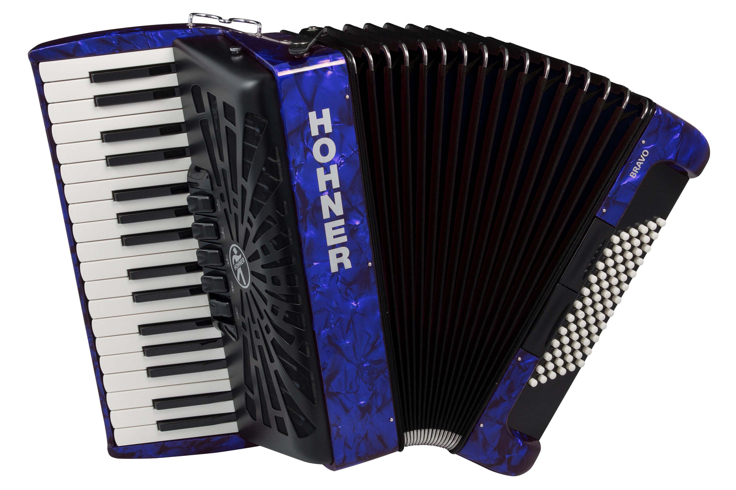 Acordeón de piano Hohner Bravo III 72 con funda y correas en azul oscuro perlado BR72BLUE