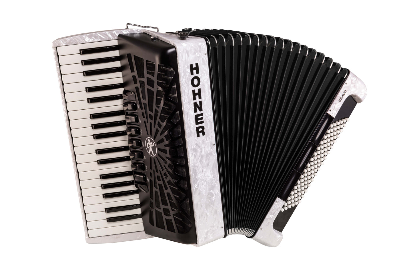 Acordeón de piano Hohner Bravo III 96 con funda y correas en blanco perlado BR96WH