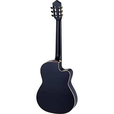Guitarra de cuerpo fino para zurdos de la serie Performer A/E de Ortega Guitars en negro brillante con funda de transporte y video