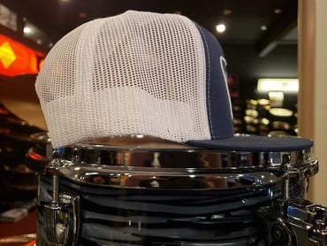 Bentley's Drum Shop Trucker Snapback Hat in Navy Blue and White