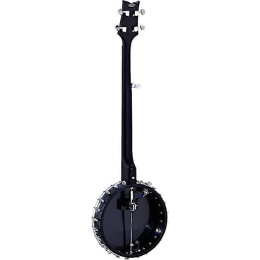 Banjo de 5 cuerdas con parte posterior abierta, serie Raven, modelo OBJE250OP-SBK de Ortega Guitars, en negro satinado, con funda de transporte