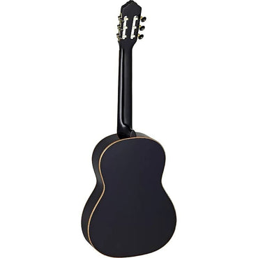 Guitarra con cuerdas de nailon y tapa de abeto de la serie familiar Ortega Guitars R221BK en negro satinado con funda de transporte y video