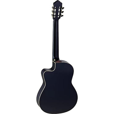 Guitarra de cuerdas de nailon de cuerpo fino A/E Performer Series de Ortega Guitars en negro brillante con funda de transporte