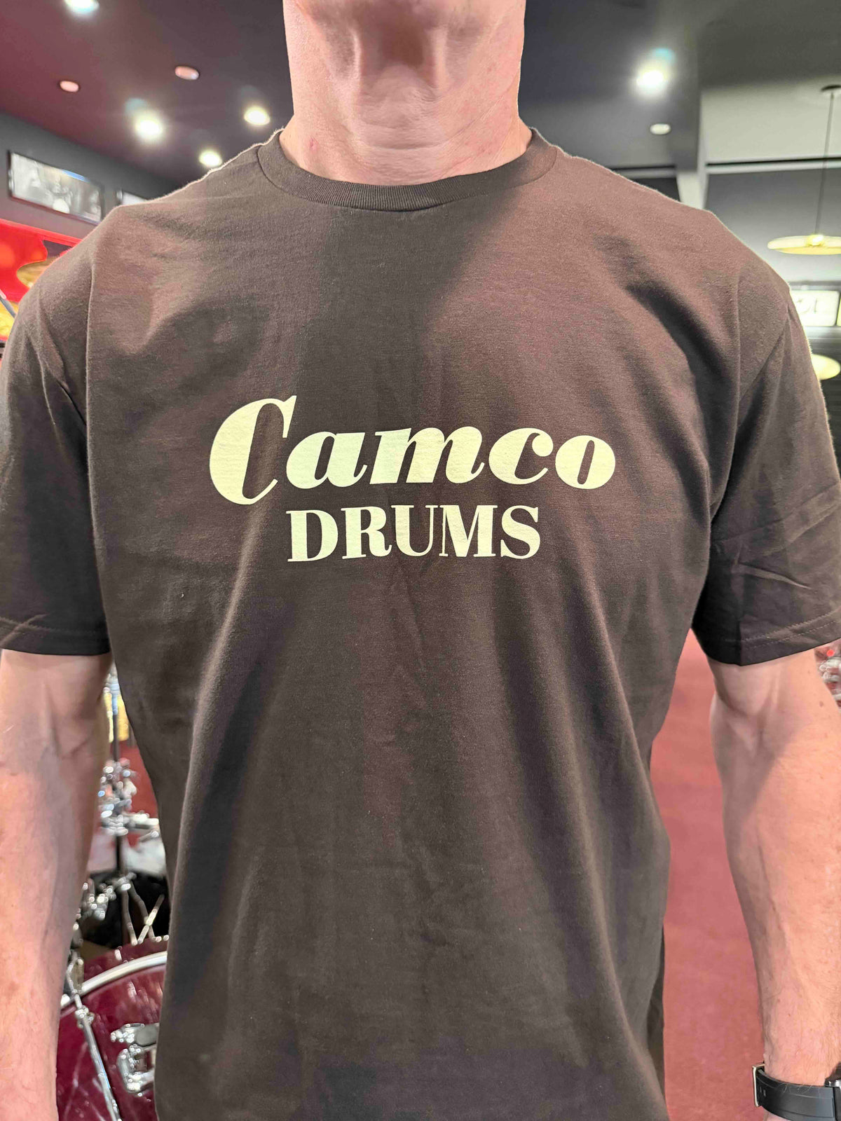 ~NEW!~ Camco Drums T-Shirt with Creme Font in Navy Blue, Dark Chocolate and Black