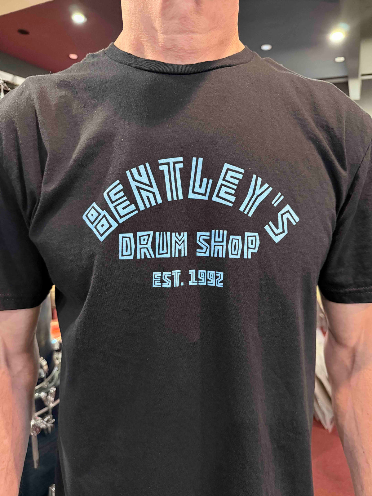 ~NEW!~ Bentley's Drum Shop 70's Retro Font Logo T-Shirt in Black, Navy Blue & Dark Chocolate