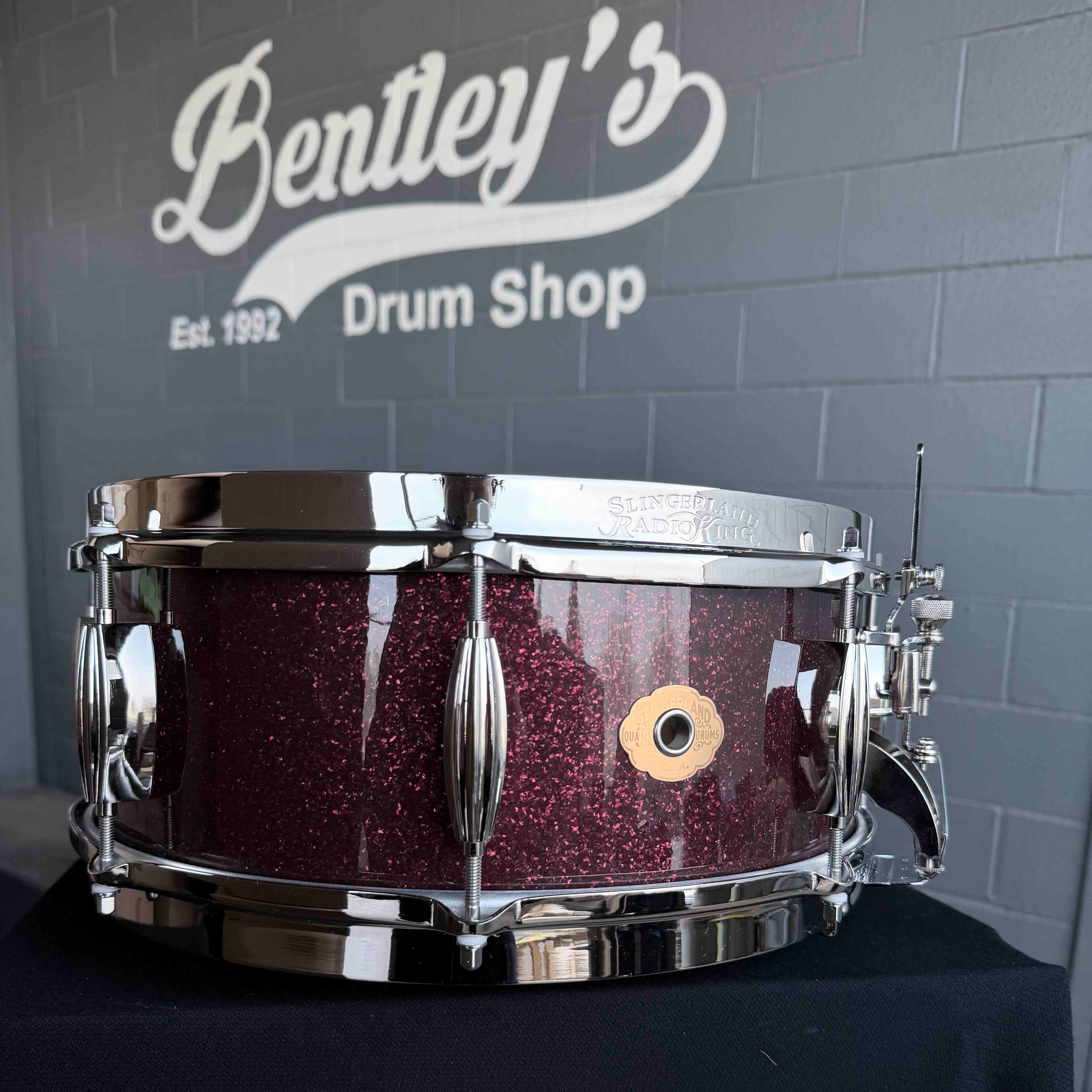 ~NEW!~ Slingerland RadioKing Solid Shell Maple 5.5x14 Snare Drum in Maroon Glass Glitter with Nickel Hardware