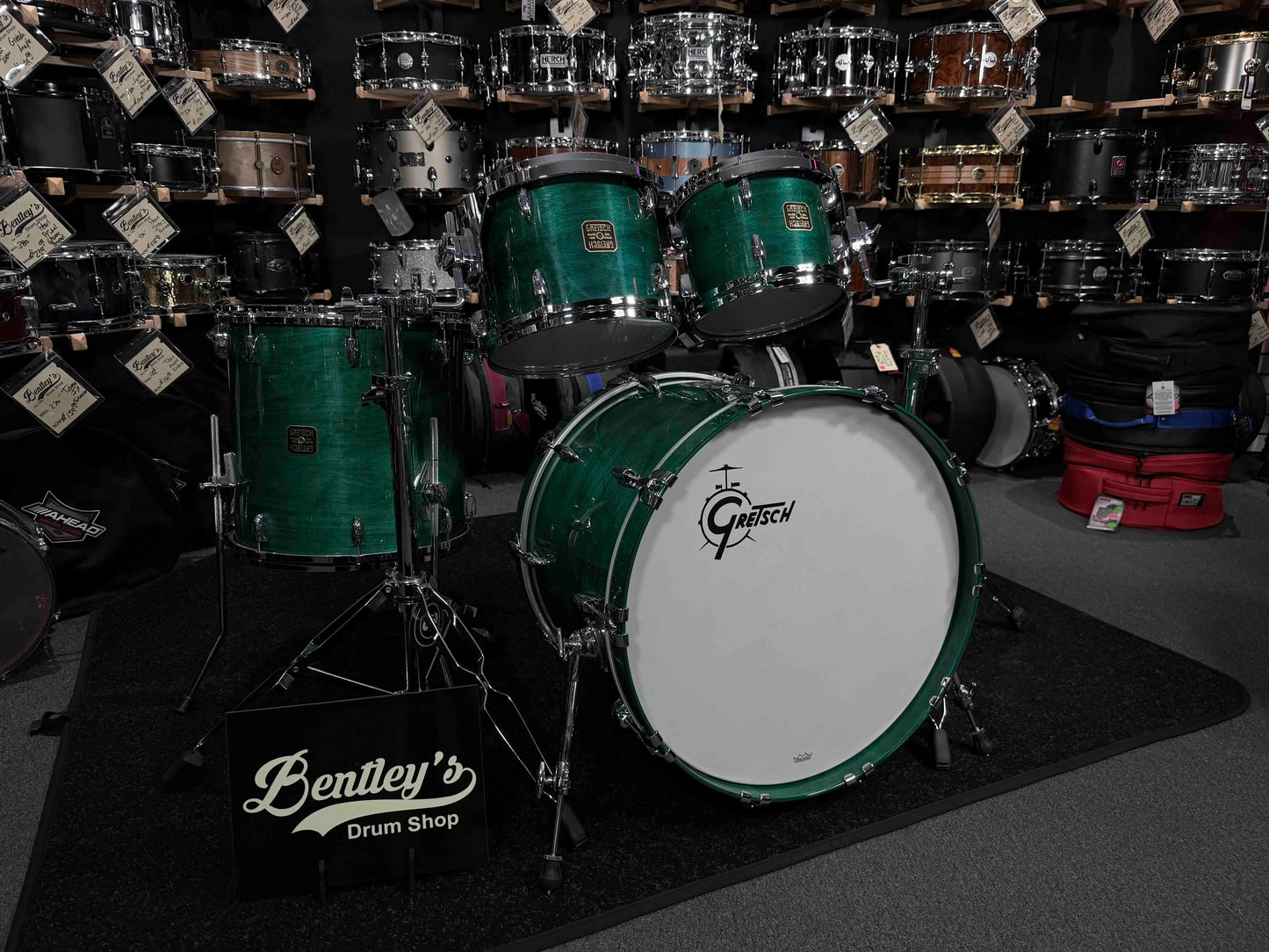 ~NEW!~ Gretsch USA Custom 4-Piece 10/12/16/22 Drum Kit Set in Caribbean Blue Gloss Lacquer with Square Badges
