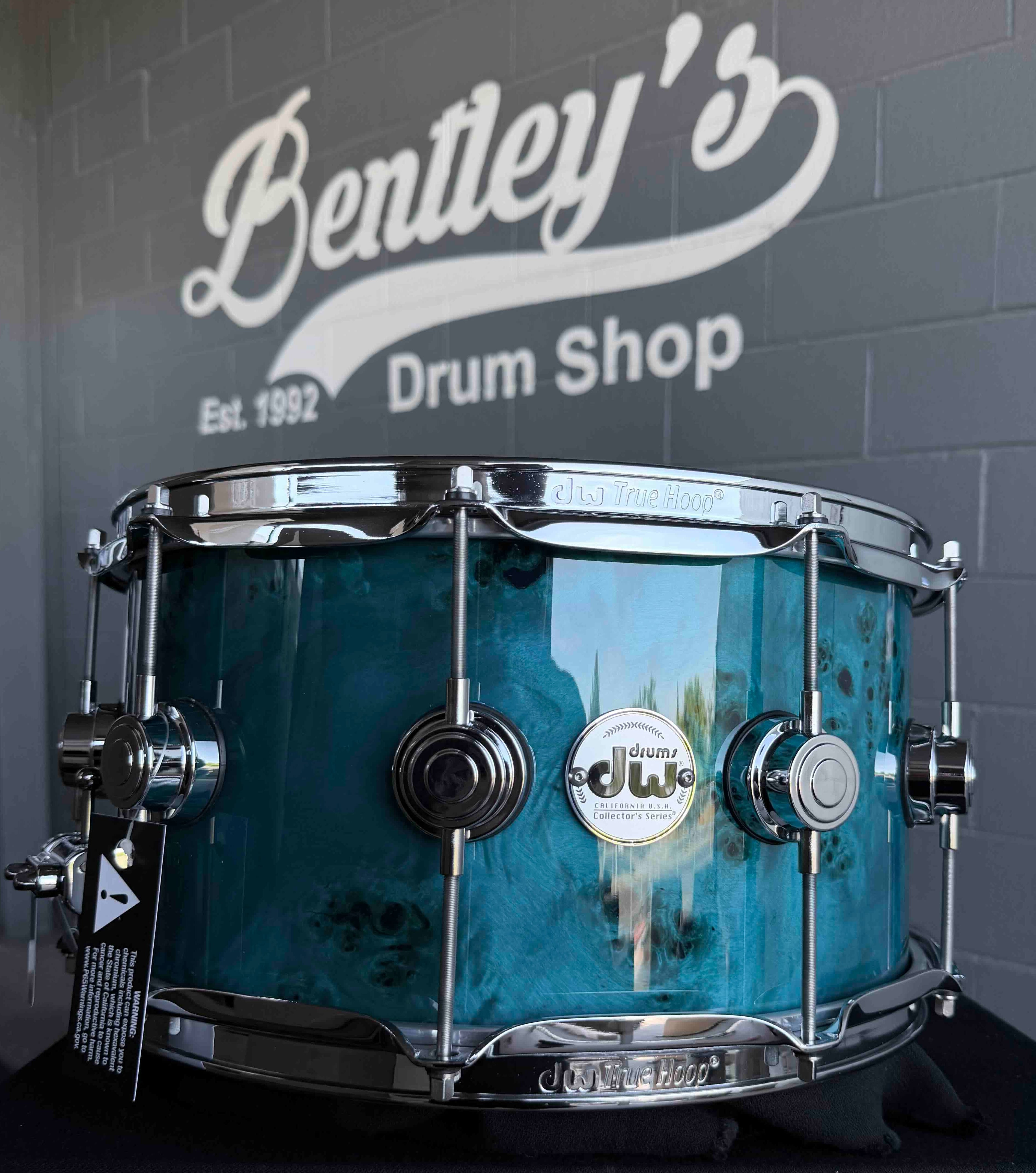~WOW!~ DW Collector's Series Maple/Mahogany 7x14 Snare Drum in Sapphire Gloss Lacquer over Exotic Mapa Burl with Chrome Hardware