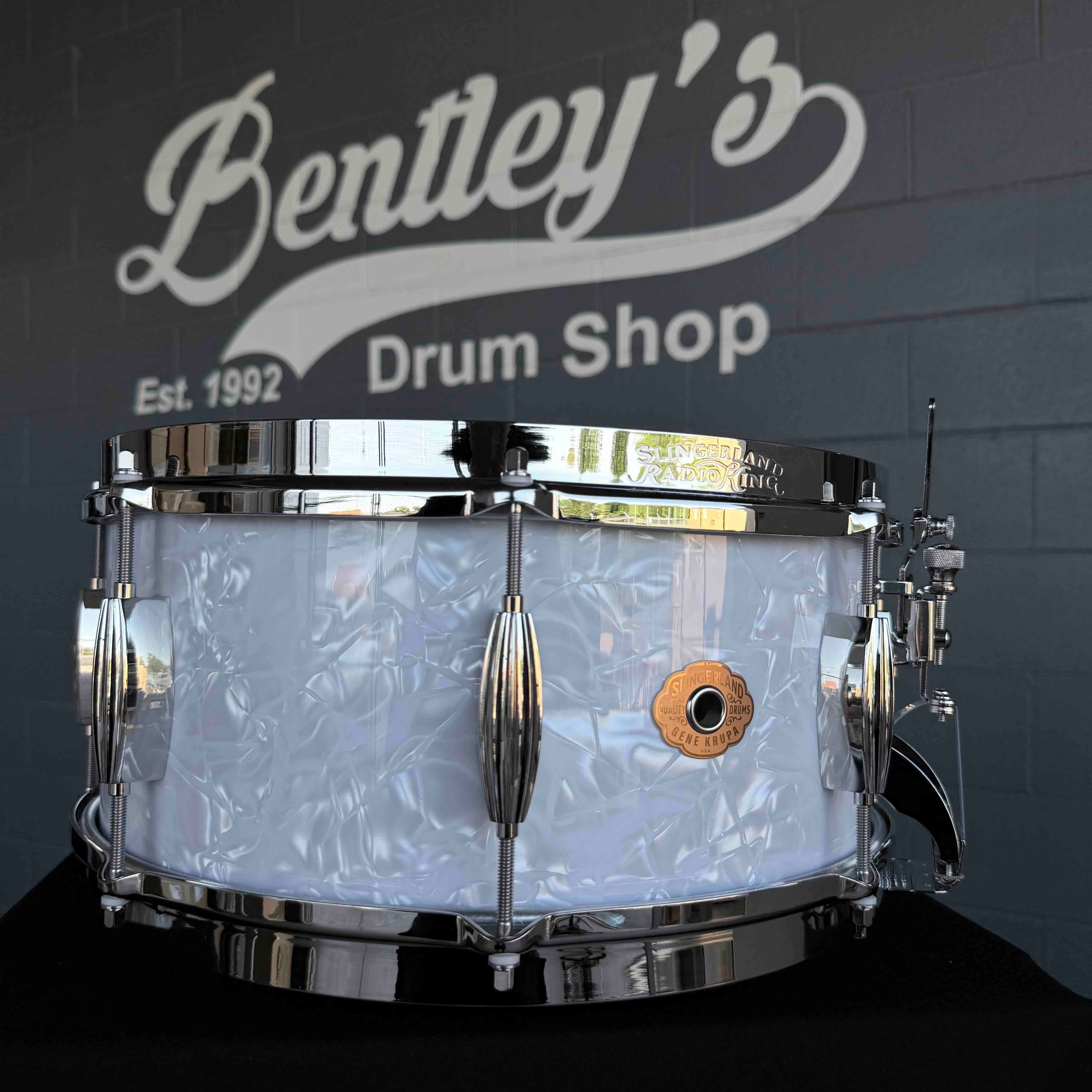 ~NEW!~ Limited Edition Slingerland Gene Krupa Commemorative 6.5x14 Solid Maple Snare Drum #42 of 100 in White Marine Pearl with Deluxe Case, Bovid Calfskin Head and Certificate of Authenticity