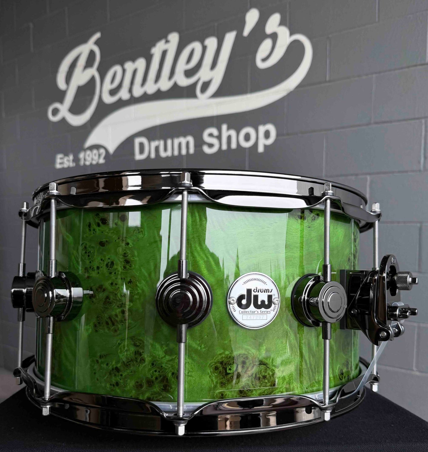 ~WOW!~ DW Collector's Series 333 Pure Maple 7x14 Snare Drum in Slime Green Gloss over Exotc Mapa Burl Veneer with Black Nickel Hardware