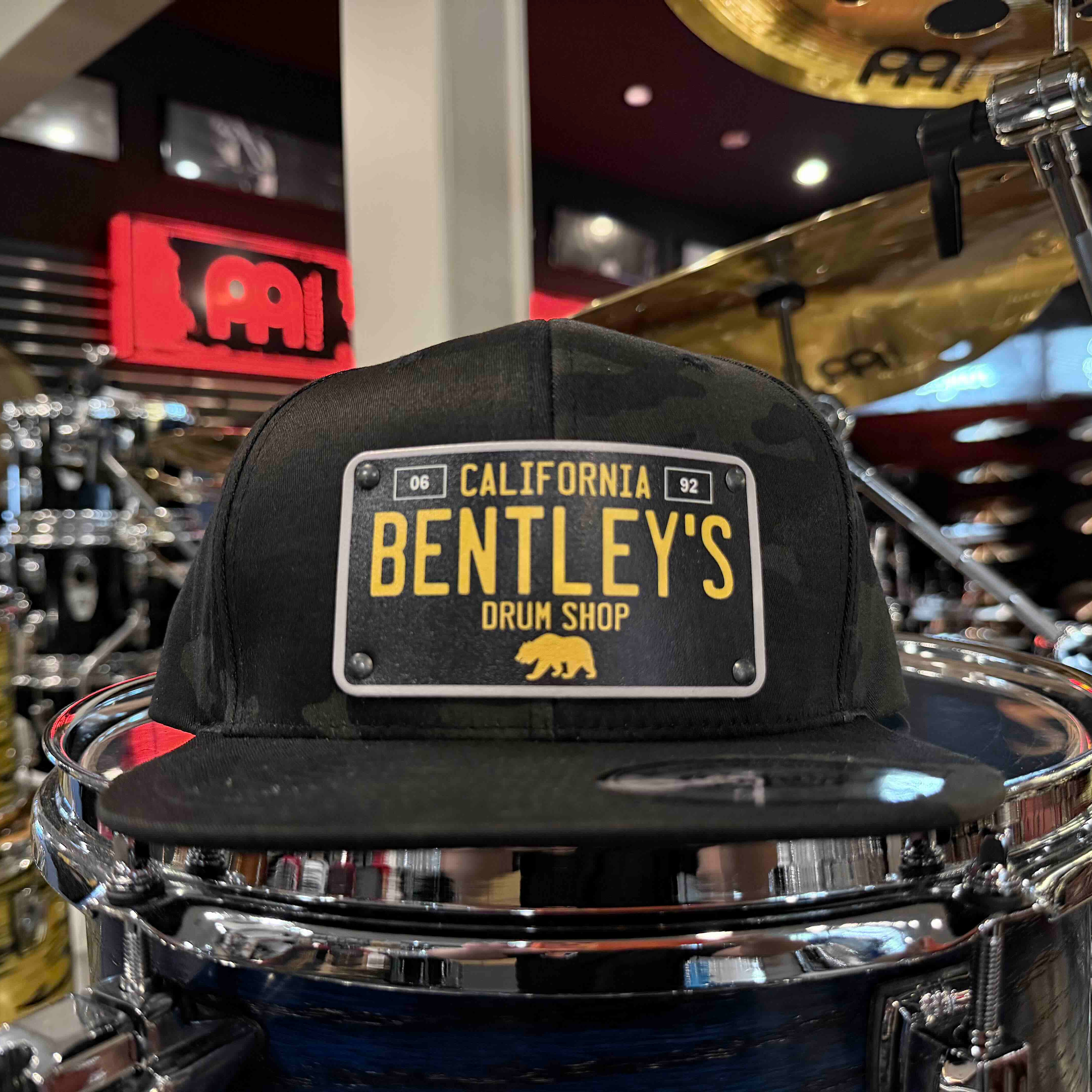 ~NEW~ Bentley's Drum Shop Clothback Snapback Hat in Black Camo with Custom License Plate Badge
