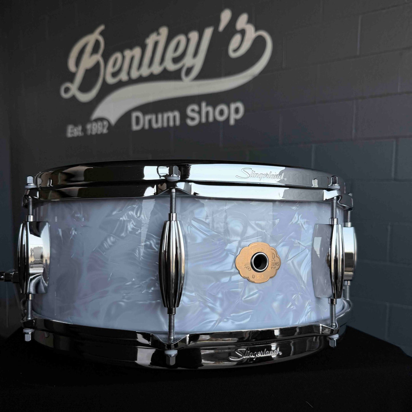 ~NEW!~ Slingerland RadioKing Artist Mahogany/Poplar 5.5x14 Snare Drum in White Marine Pearl with Nickel Hardware