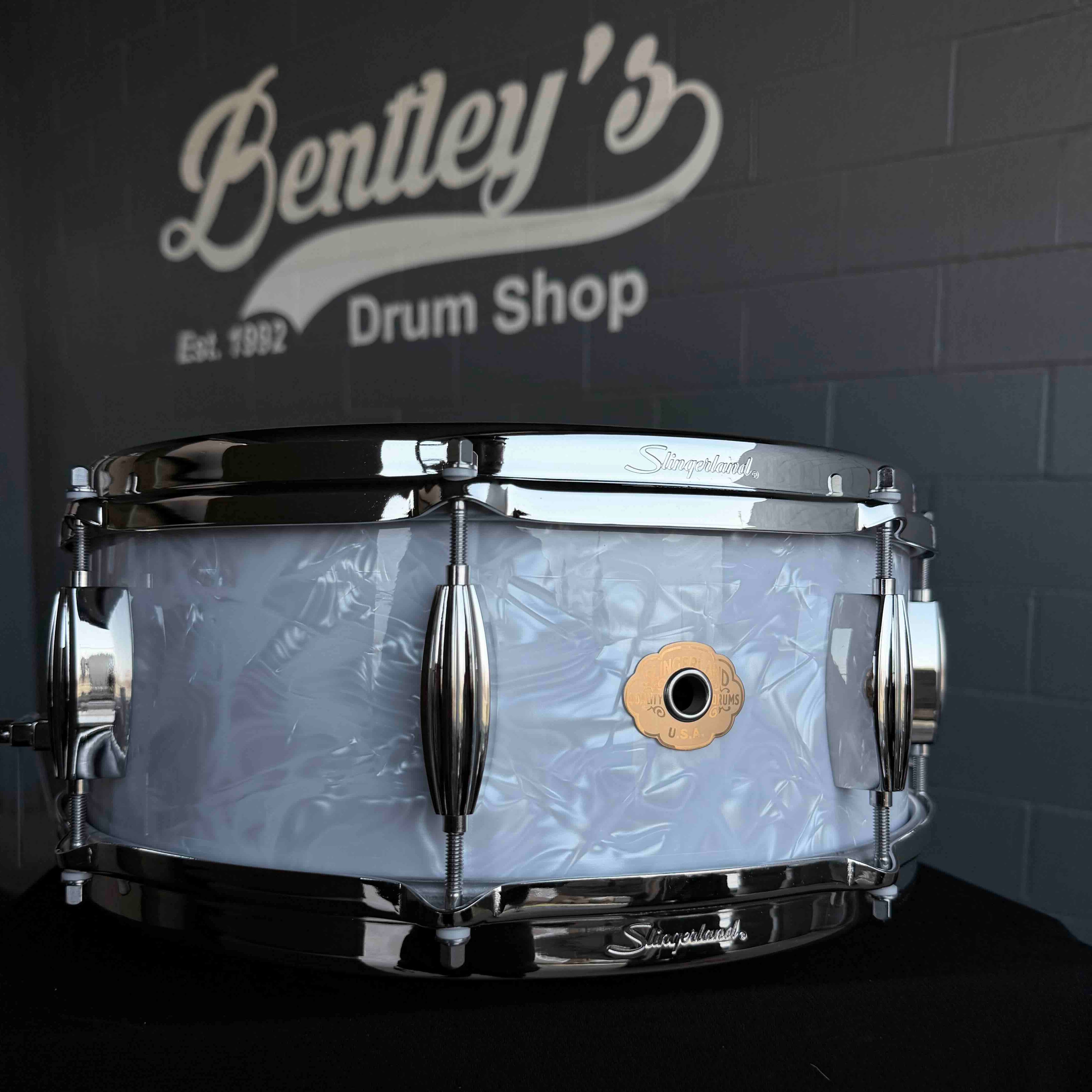 ~NEW!~ Slingerland RadioKing Artist Mahogany/Poplar 5.5x14 Snare Drum in White Marine Pearl with Nickel Hardware