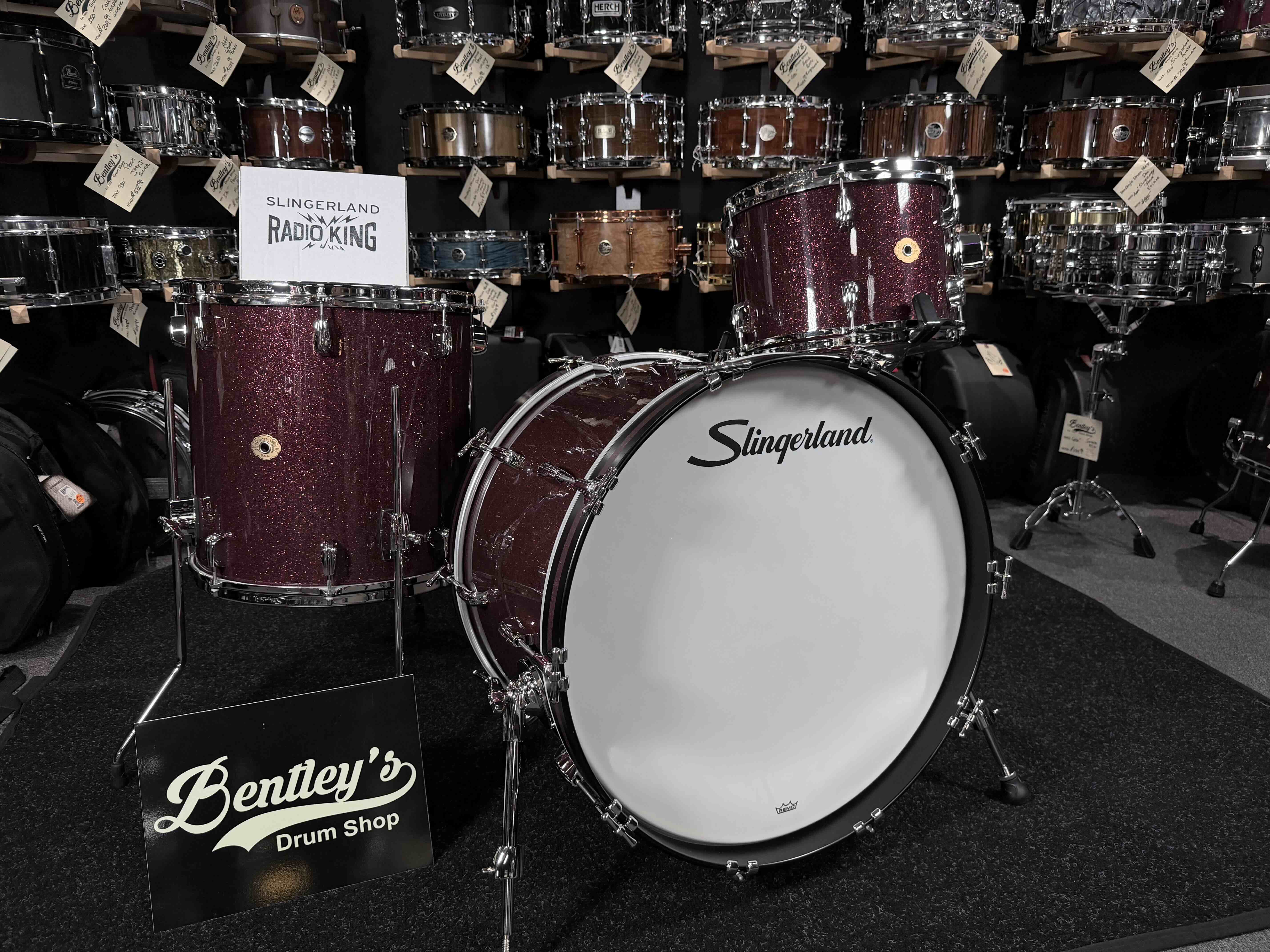 ~NEW!~ 2026 Slingerland RadioKing Mahogany/Poplar/Mahogany 3-Piece 13/16/22 Drum Kit Set in Maroon Glass Glitter with Nickel Hardware