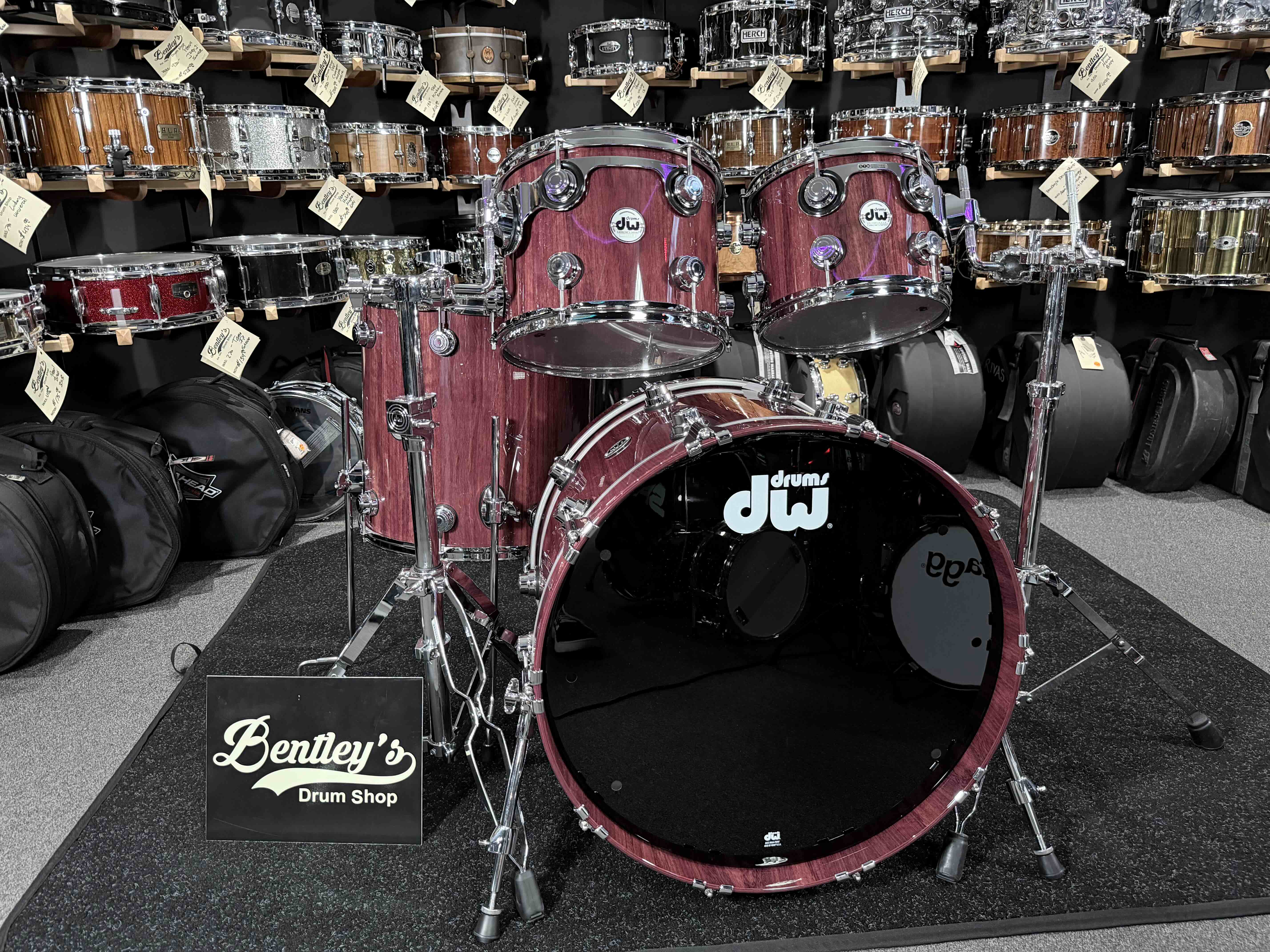 DW Collector's Series Toasted Pure Purpleheart 4-Piece 10/12/16/22 Drum Kit Set in Natural Gloss Lacquer with Chrome Hardware