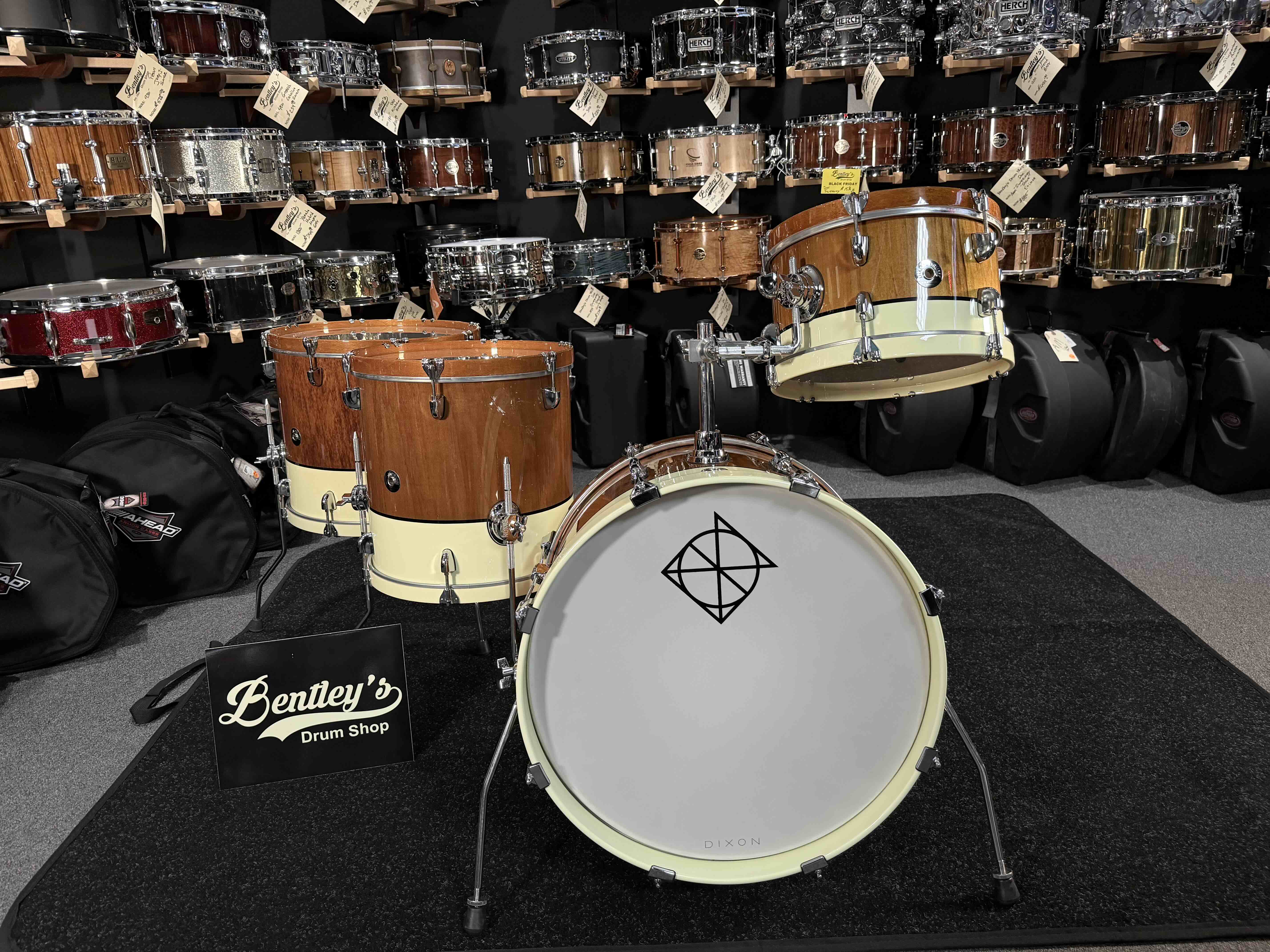 ~BENTLEY'S EXCLUSIVE~ Dixon Little Roomer Select 4-Piece 12/14/16/20 Drum Kit Set in Natural Mahogany to Pearl White with Black Pinstripe