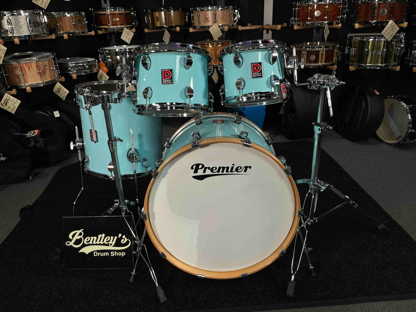 ~NEW~ Premier Elite Maple/Birch Hybrid 4-Piece 10/12/16/22 Drum Kit Set in Baby Blue Lacquer w/ Natural Gloss Bass Drum Hoops