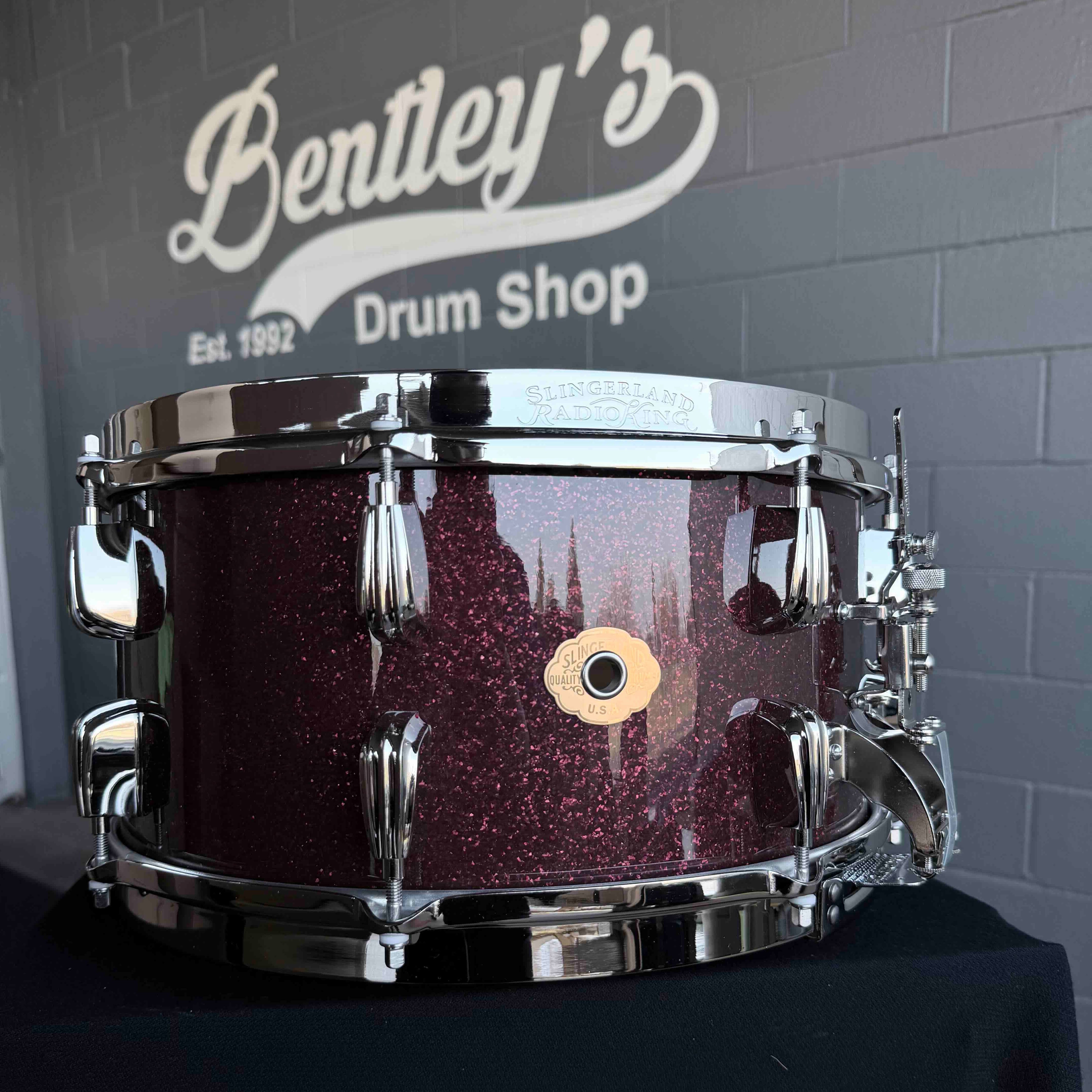~NEW!~ Slingerland RadioKing Solid Shell Maple 7x14 Snare Drum in Maroon Glass Glitter with Nickel Hardware