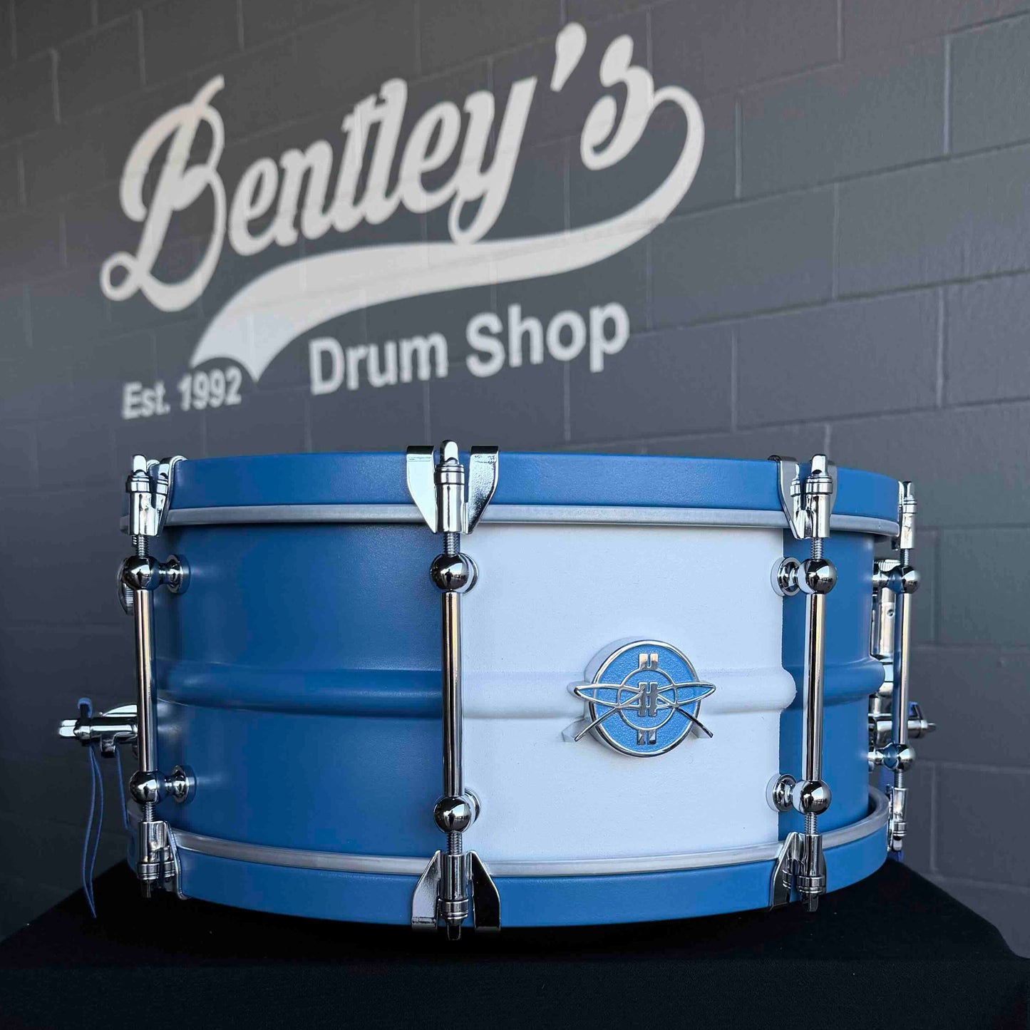 ~NEW!~ Dunnett Carbon Steel Model 2N Beaded Shell/Hybrid Edges 6.5x14 Snare Drum in Satin Blue with Satin White Front Panel, Satin Blue Concave Badge & Matching CR Hoops