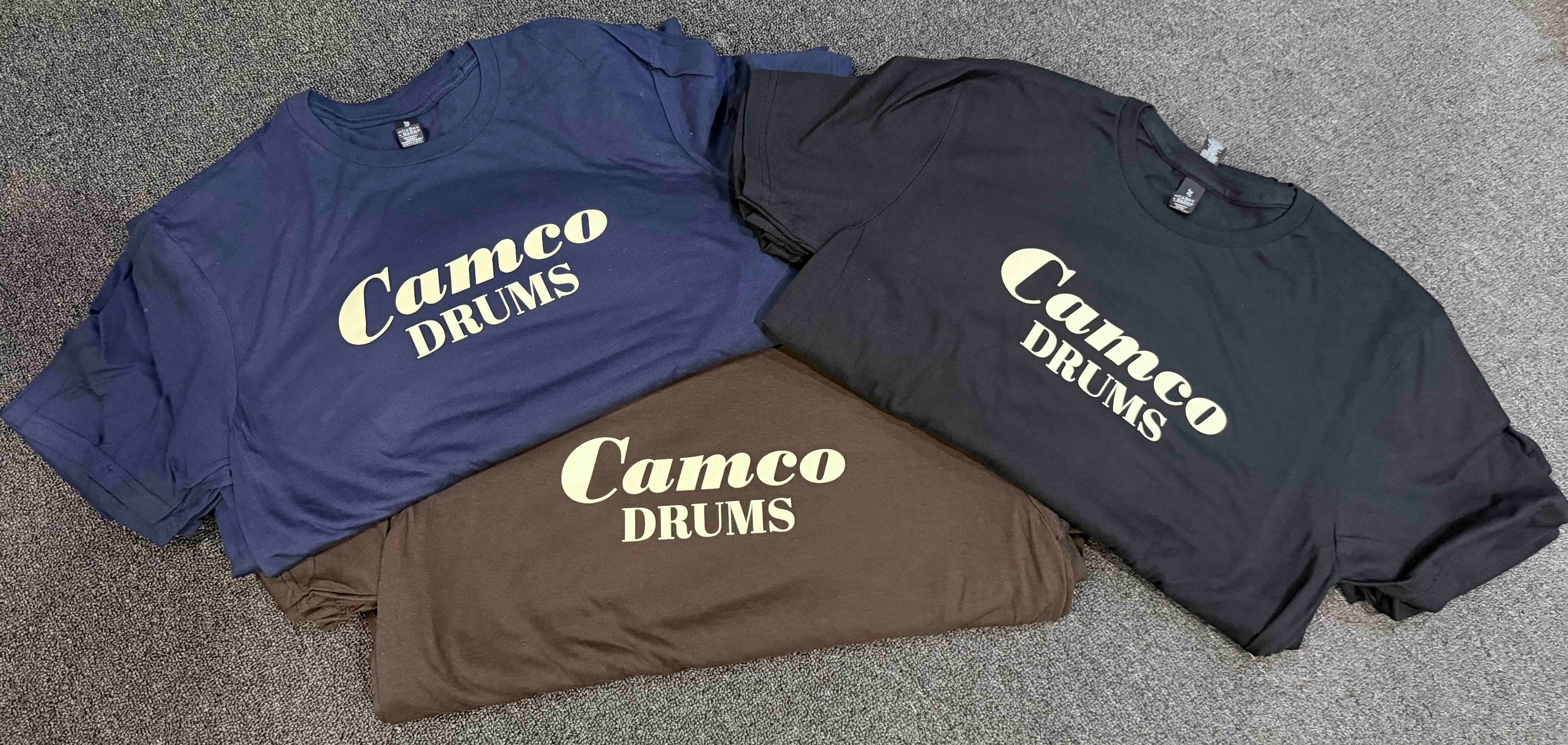 ~NEW!~ Camco Drums T-Shirt with Creme Font in Navy Blue, Dark Chocolate and Black