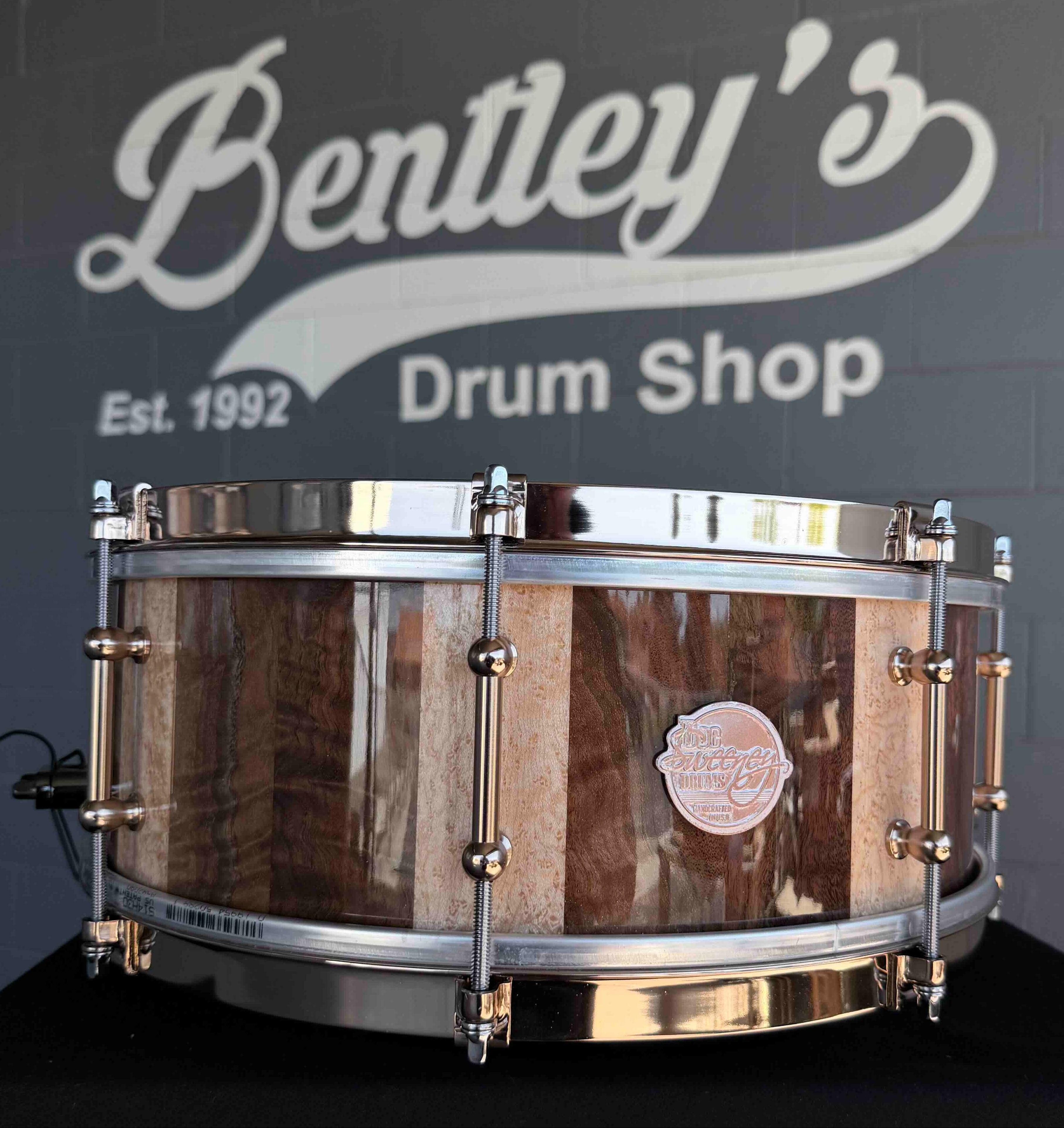 ~WOW!~ Doc Sweeney Drums 'King James' 5.5x14 Stave Claro Walnut & Birdseye Maple Snare Drum with Aztec Gold Hardware