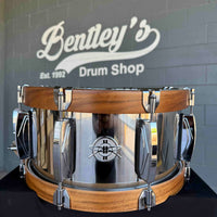 Dunnett Classic SS Polished Stainless Steel 7x14 Snare Drum with Deko Lugs, Acacia MetalWood Hoops & Case