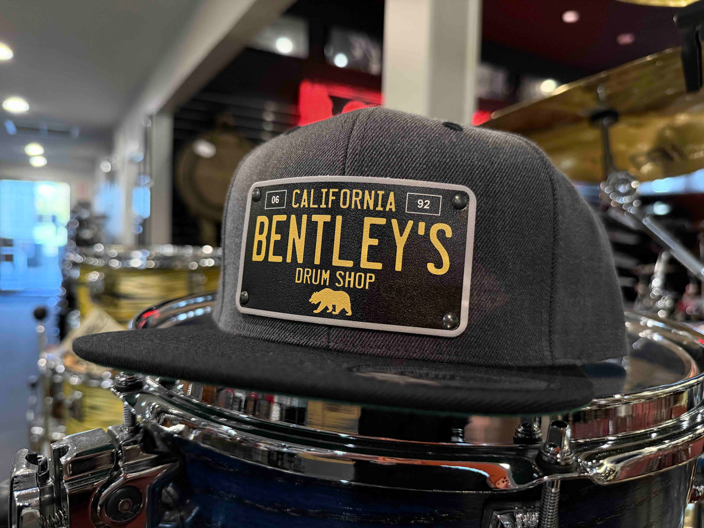 ~NEW~ Bentley's Drum Shop Clothback Snapback Hat in Grey & Black Two-Tone with Custom License Plate Badge