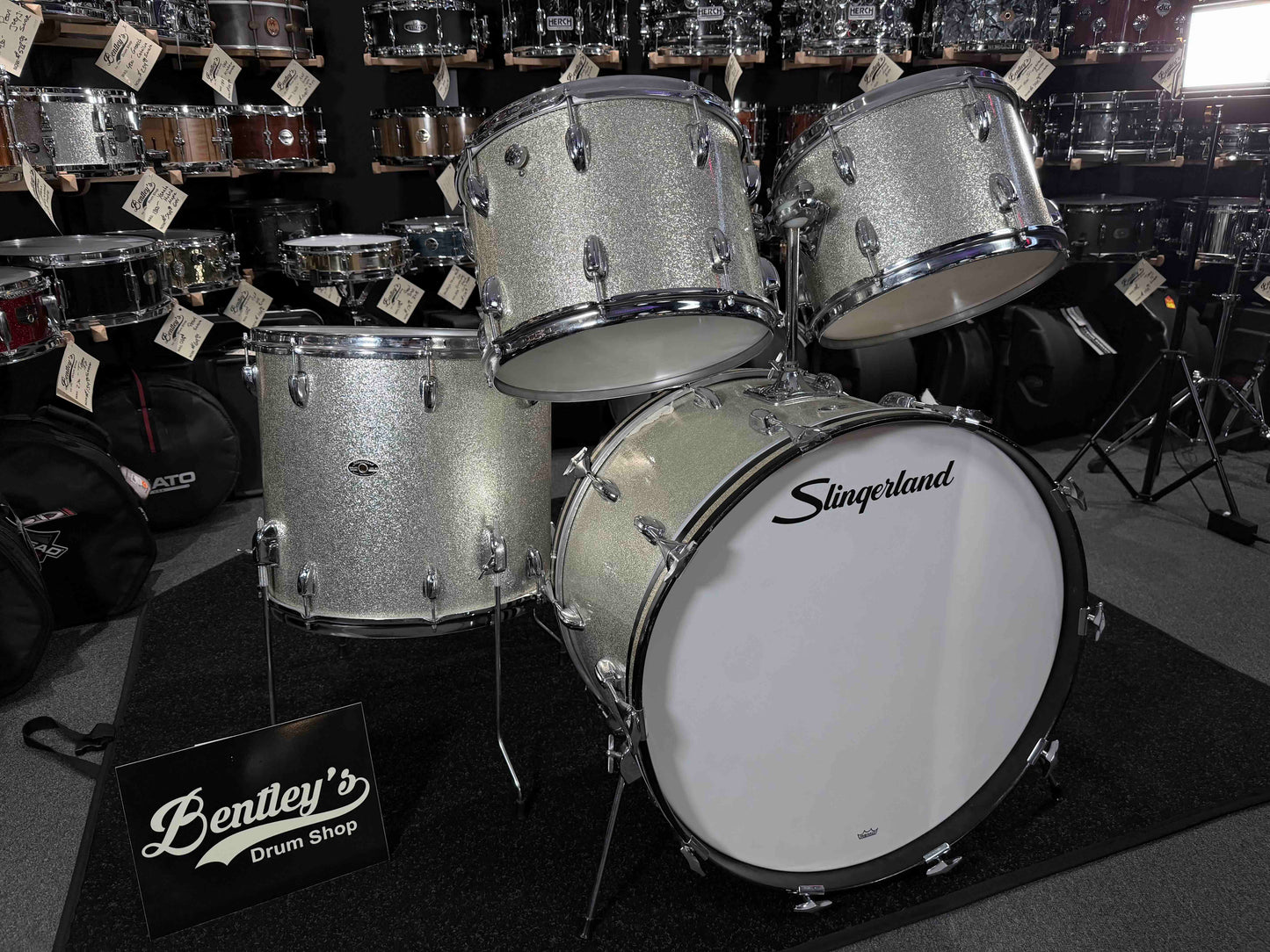 ~WOW!~ Vintage Mid-1970's Slingerland 3-ply Maple 4-Piece 13/14/18/24 Drum Kit Set in Silver Sparkle