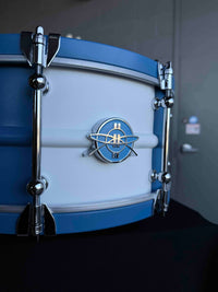 ~NEW!~ Dunnett Carbon Steel Model 2N Beaded Shell/Hybrid Edges 6.5x14 Snare Drum in Satin Blue with Satin White Front Panel, Satin Blue Concave Badge & Matching CR Hoops