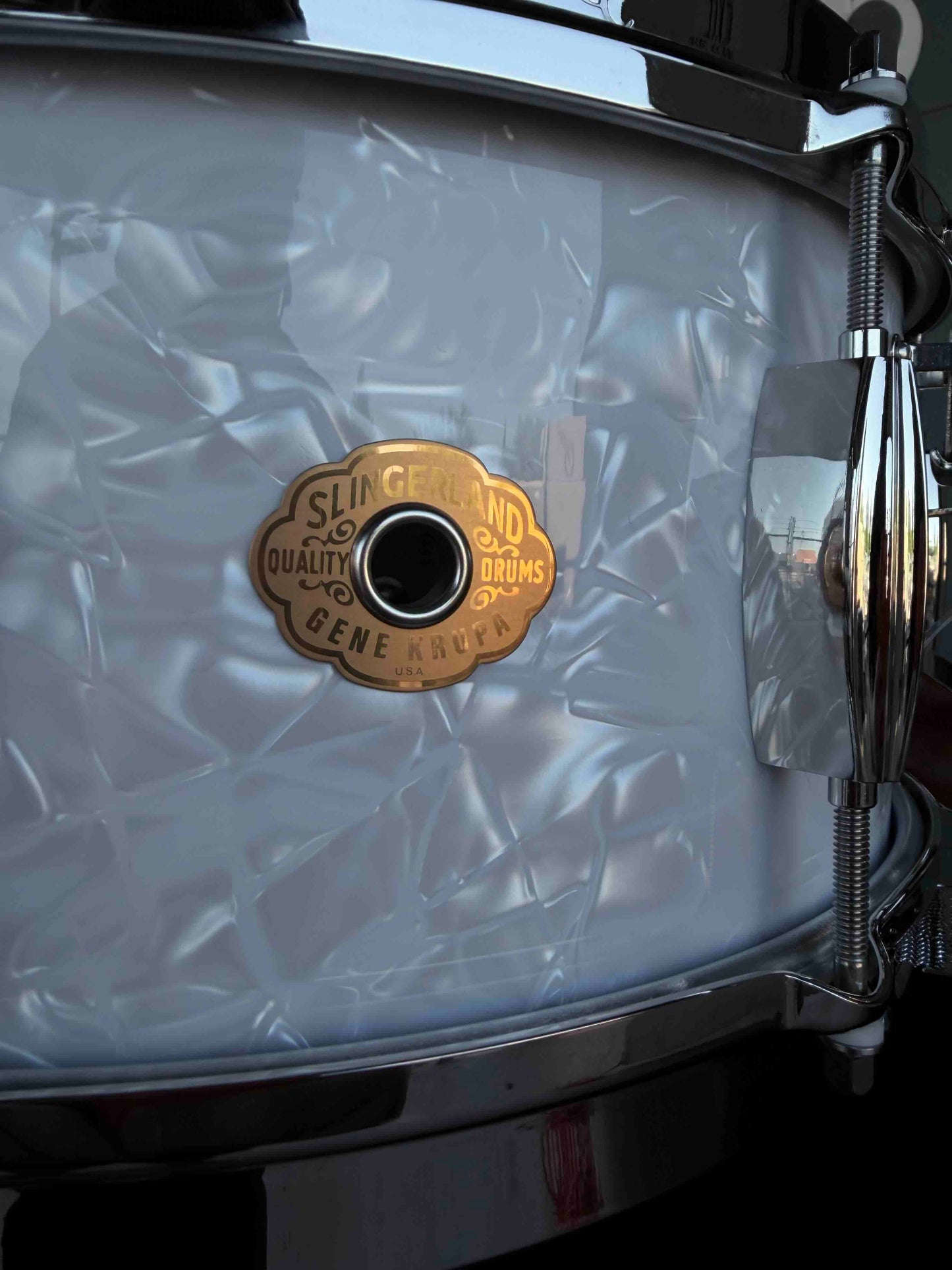 ~NEW!~ Limited Edition Slingerland Gene Krupa Commemorative 6.5x14 Solid Maple Snare Drum #42 of 100 in White Marine Pearl with Deluxe Case, Bovid Calfskin Head and Certificate of Authenticity