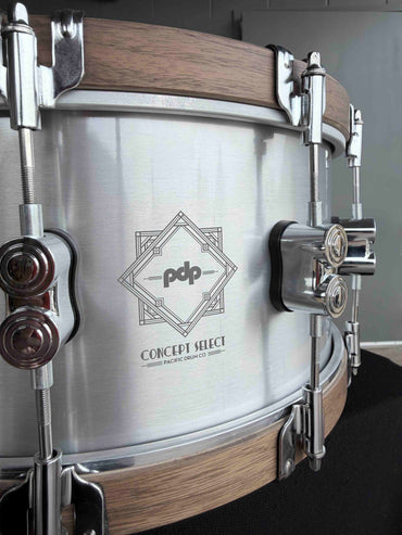 PDP PDSN6514CSAL Concept Select 3mm Aluminum 6.5x14" Snare Drum w/ Walnut Wood Hoops