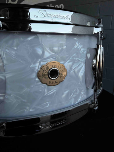 ~NEW!~ Slingerland RadioKing Artist Mahogany/Poplar 5.5x14 Snare Drum in White Marine Pearl with Nickel Hardware