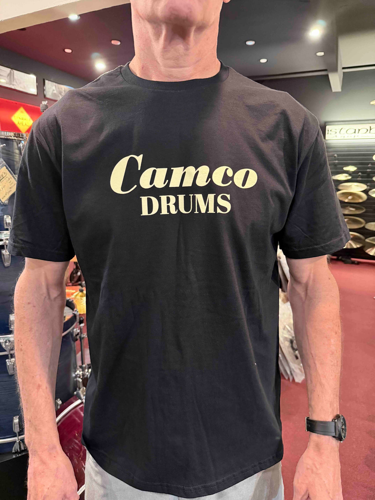 ~NEW!~ Camco Drums T-Shirt with Creme Font in Navy Blue, Dark Chocolate and Black