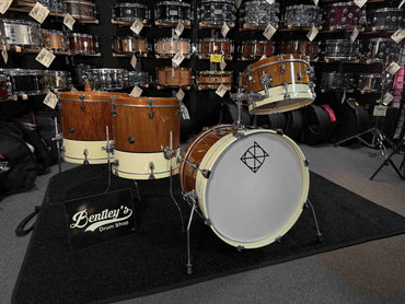 ~BENTLEY'S EXCLUSIVE~ Dixon Little Roomer Select 4-Piece 12/14/16/20 Drum Kit Set in Natural Mahogany to Pearl White with Black Pinstripe