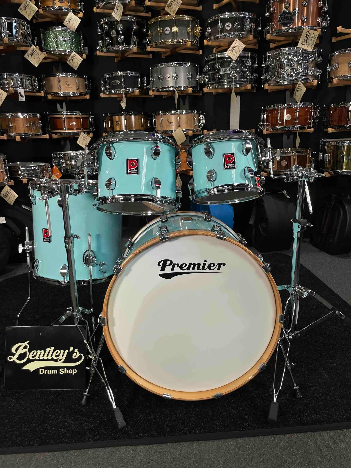 ~NEW~ Premier Elite Maple/Birch Hybrid 4-Piece 10/12/16/22 Drum Kit Set in Baby Blue Lacquer w/ Natural Gloss Bass Drum Hoops